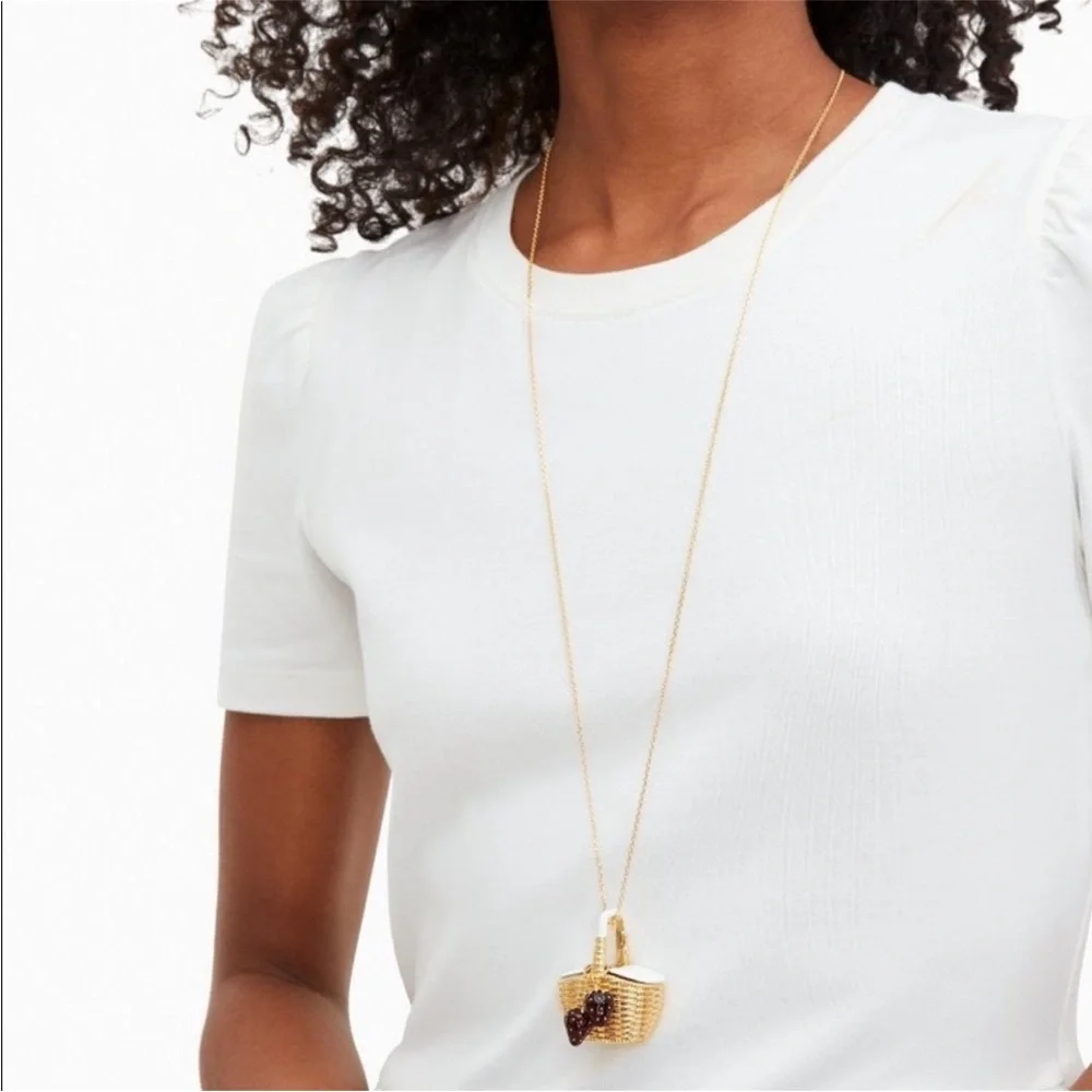 KATE SPADE Gold Picnic Basket Strawberry Long Pendant Statement Necklace